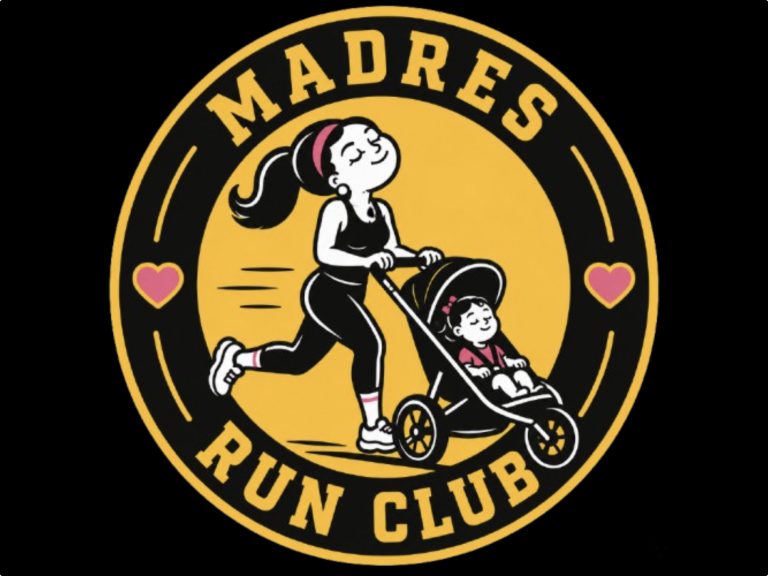 Madres Run Club logo featuring a mom running with a stroller