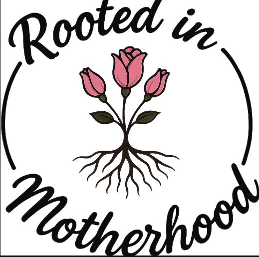 Rooted in Motherhood logo with pink flowers and roots