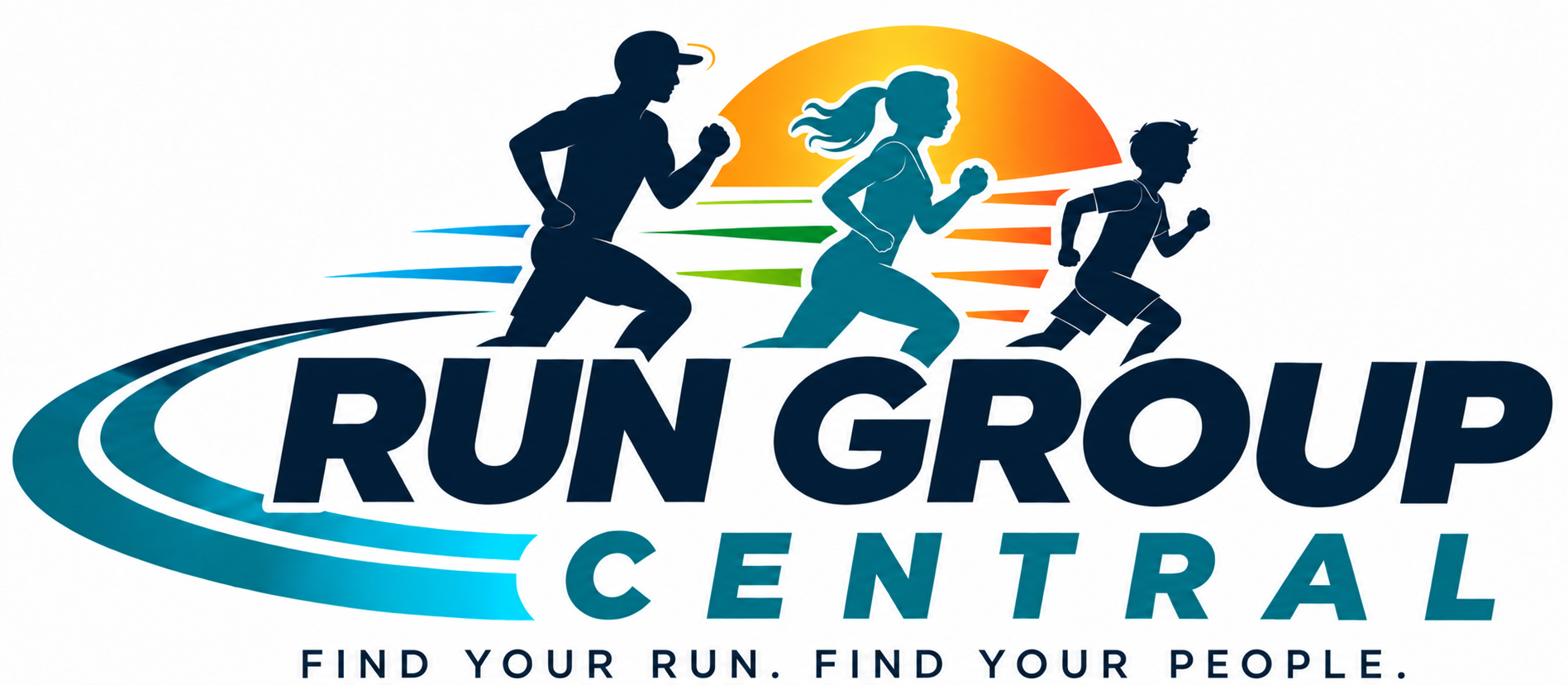 Run Group Central logo with a navy man on the left, teal woman in the middle, and navy boy running in front. Find your run. Find your people.