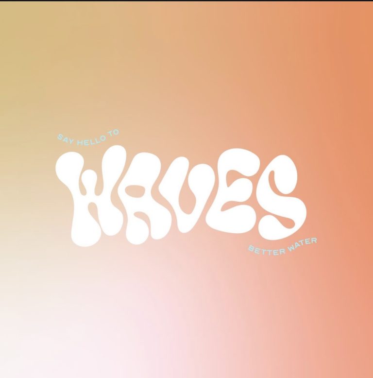 Waves Water logo in white lettering on a peach and orange gradient background